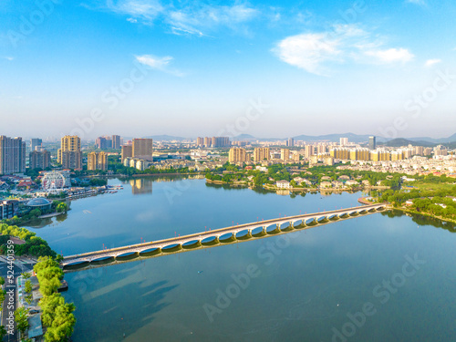 Aerial view of Baijiahu Park and business district in Nanjing, Jiangsu Province, China © Changyu