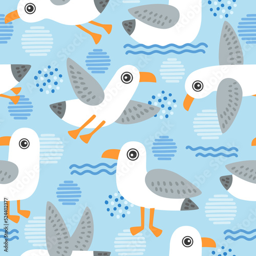 Vector illustration seamless pattern with cute seagulls on a blue background with abstract spots and dots