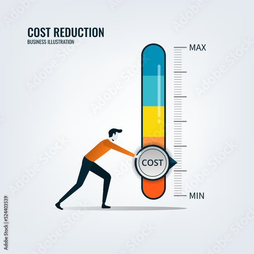 Businessman turning cost dial to a low illustration. Cost reduction, cost cutting and efficiency concept