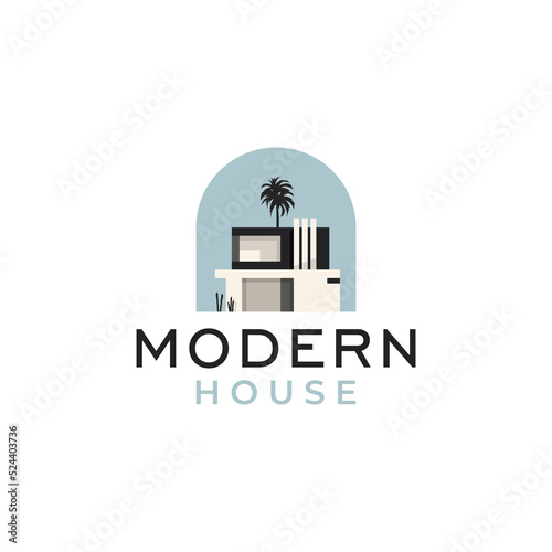 Modern minimalist of house. Building exterior of contemporary villa. Real estate logo. Vector illustration isolated on white background