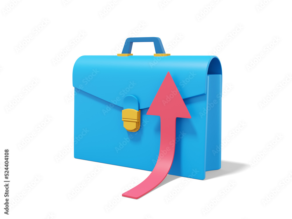 Blue briefcase with rising red arrow on white background. Portfolio icon. 3D rendering. Blue briefcase with rising red arrow on white background. Portfolio icon. 3D rendering.
