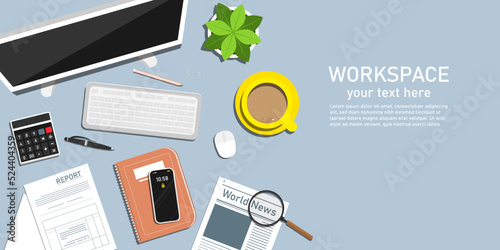 Top view desk design, Workplace for business management with copy space, Flat vector design illustration.
