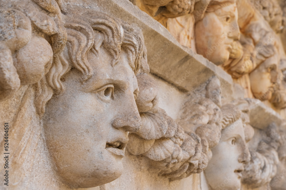 Sculpted Greek mask from the ruins of the theater of Aphrodisias Turkey Sculpted Greek mask from the ruins of the theater of Aphrodisias Turkey