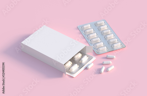 Mockup template with two blisters with white pills capsules in packaging boxes. 3d render photo