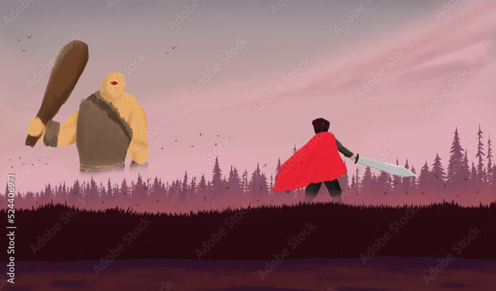 The redcloaked knight wielding a sword was facing a oneeyed giant