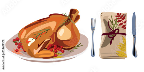 Thanksgiving roasted turkey and table decoration.