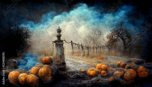cemetery with pumpkins watercolor illustration for halloween. Illustrations for children's storybooks.Halloween night pictures for wall paper.
