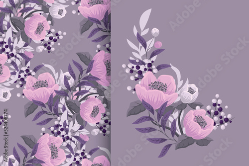 Flower bouquet with seamless pattern. Floral background set