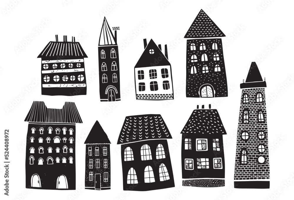 Houses bundle linocut style, black and white illustrations