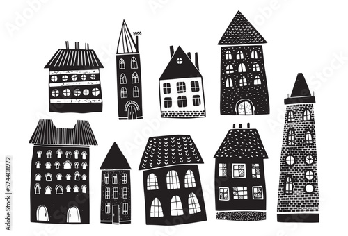 Houses bundle linocut style, black and white illustrations photo