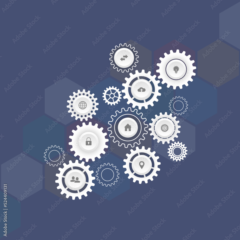 Information technology concept with infographic elements and flat icons. Cogs and gear wheel mechanisms. Hi-tech digital technology and engineering. Abstract technical background
