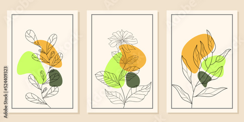 aesthetic wall hanging design set. pastel color background with line art leaf elements. © ArtThree
