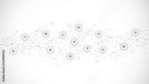 Information technology background with infographic elements and flat icons. Digital technology, network connection and communication concept. Vector illustration
