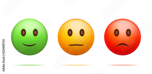 3D Customer Rating Smiley Emoticons Checklist Isolated. Render Positive, Neutral and Negative Symbols. Testimonials Rating, Feedback, Survey, Quality, Review. Vector Illustration