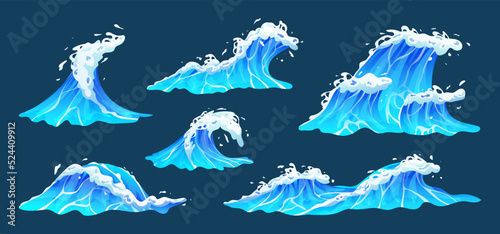 Sea waves vector illustration set. Collection of blue ocean waves with white foam in cartoon style