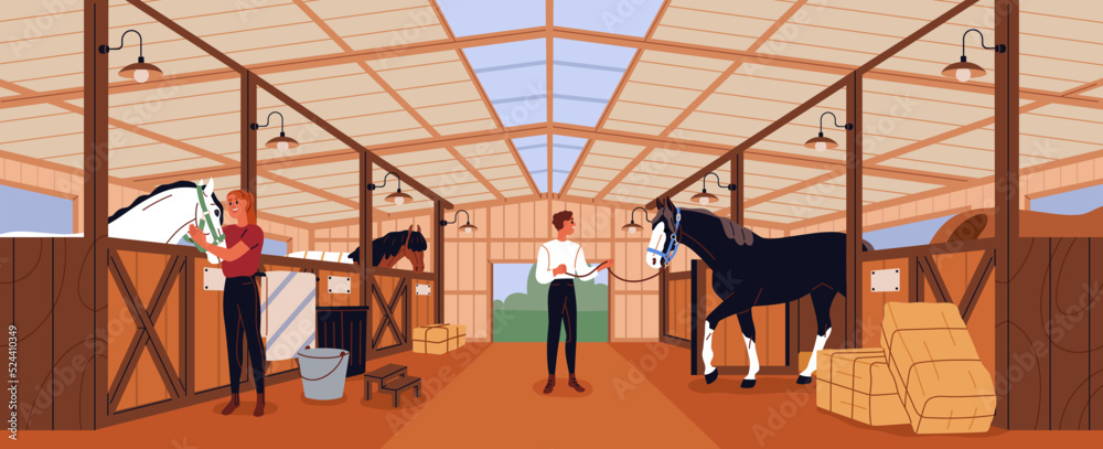 Equine stable for horses, stallions. Inside wood barn, stall. Horsemen people care about purebred animals in countryside paddock interior. Country ranch building panorama. Flat vector illustration - obrazy, fototapety, plakaty 