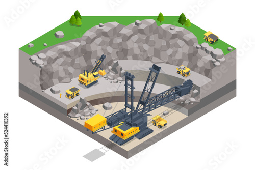 Isometric mining quarry, mine with large quarry dump truck and Bucket-wheel excavator. Coal mine. Bucket-wheel excavator mining lignite.