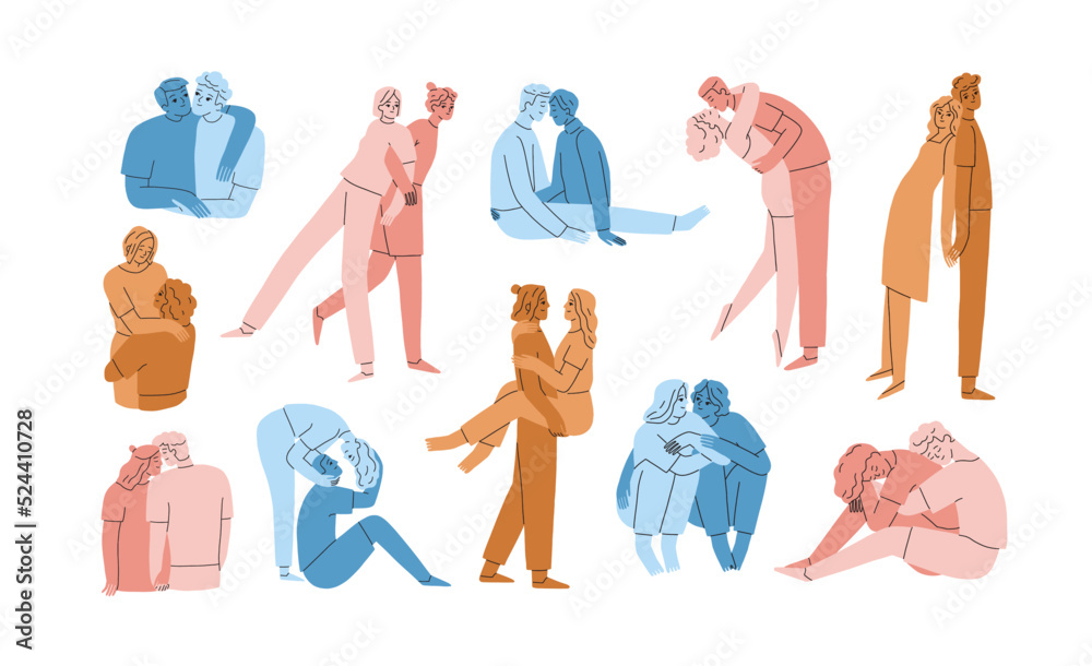 Happy diverse love couples set. Abstract men, women in romantic ...