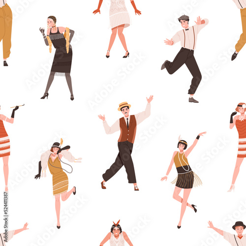 Seamless pattern with broadway dancers in 1920s style. Repeating background with happy funny people dancing to music at gatsby night party. Endless texture design. Colored flat vector illustration