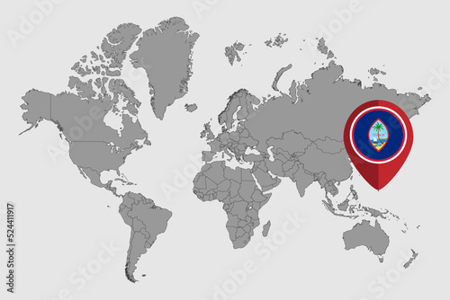 Pin map with Guam flag on world map. Vector illustration.