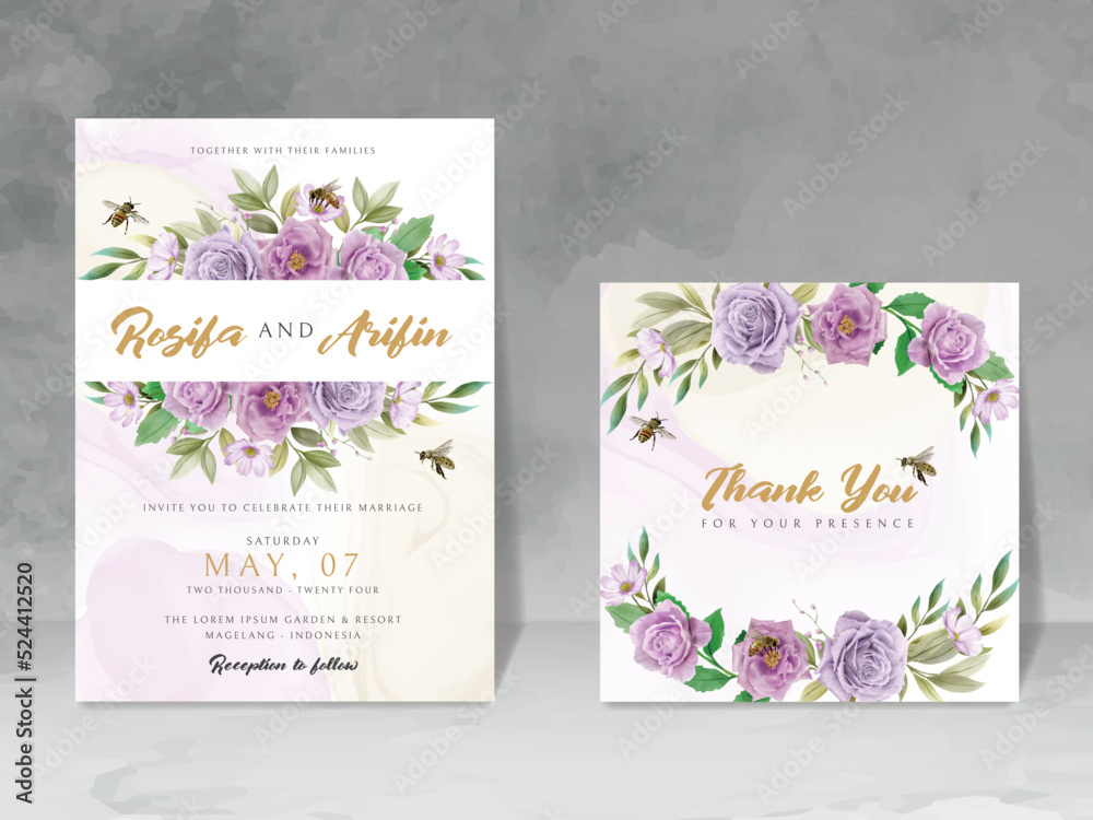 elegant wedding invitation with floral and bees watercolor