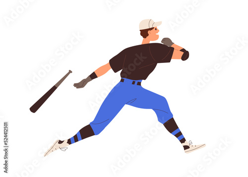 Baseball player batter running fast, dropping bat. Hitter athlete playing spo...