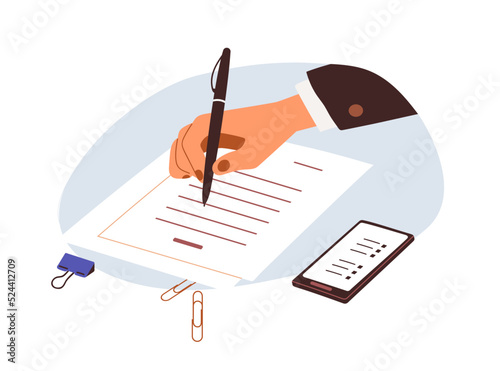 Hand writing on business official paper, taking notes. Employee filling application form, abstract office document with pen at work. Flat vector illustration isolated on white background