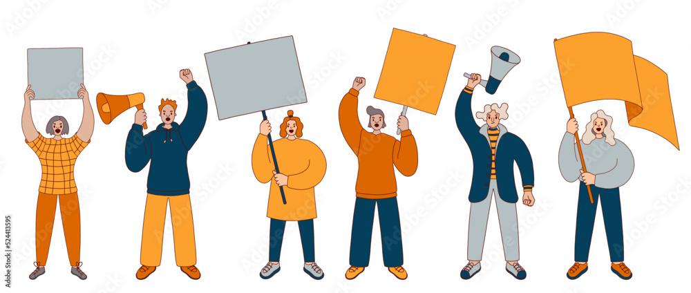 Different people with placard, loudspeaker, flag, supporting the protests. Flat design colorful illustration isolated on white.