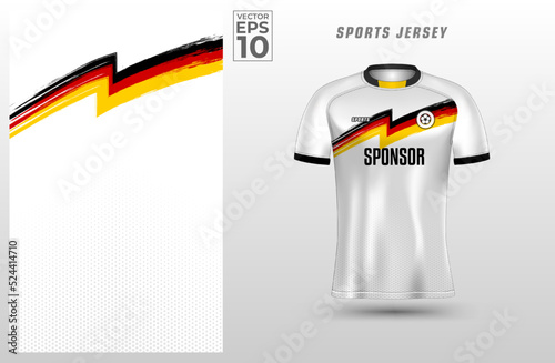 T-shirt sport design template with grunge Germany pattern for soccer jersey. Sport uniform in front view. T shirt mock up for sport club. Vector Illustration