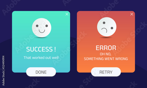 upload message popup window ui design with button for mobile and web. success and error popup notifications. Vector EPS 10