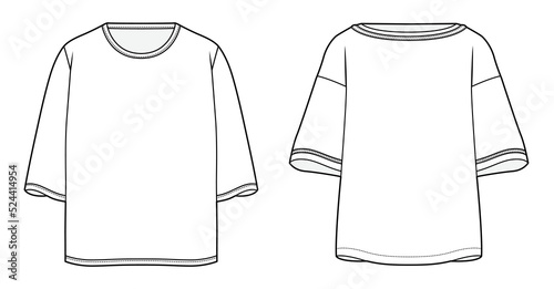 oversize t shirt unisex crew neck drop shoulder short sleeve baggy t shirt flat sketch vector illustration
