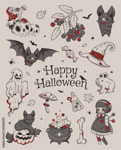 Happy halloween. Big set of horror hand drawn doodle. Collection halloween and magic elements. Pumpkins, ghost, skull, cemetery, black cat, magic cauldron, pot, hat, bat, moon phases, broom