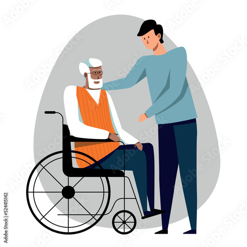 A vector image of an old man in a wheel chair with a helper. Alzheimer's disease.