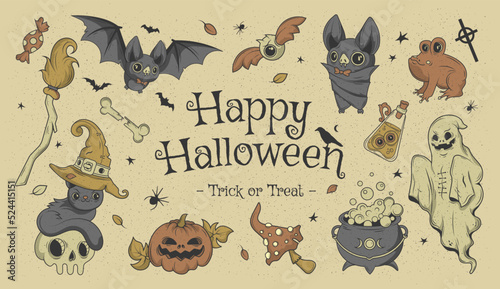 Happy halloween. Big set of horror hand drawn doodle. Collection halloween and magic elements. Pumpkins, ghost, skull, cemetery, black cat, magic cauldron, pot, hat, bat, moon phases, broom
