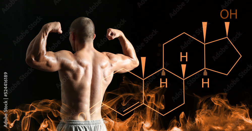Sporty young man and structural chemical formula of testosterone ...