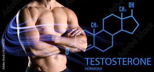 Cuadro en lienzo Young muscular man and structural chemical formula of testosterone hormone on bl