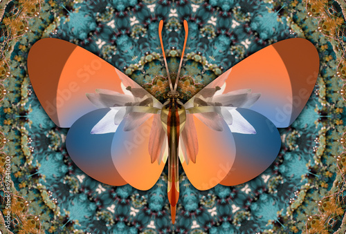 Abstract orange butterfly on a kaleidoscope circle background.