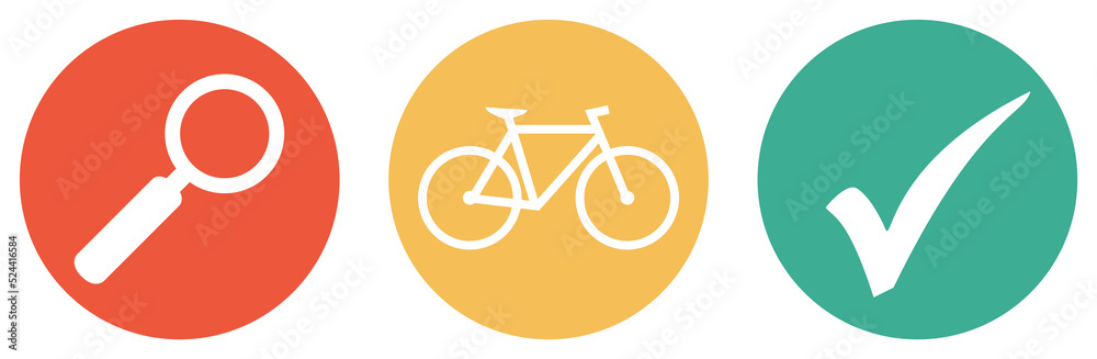 Fahrrad, Radtour oder Radverleih suchen - Bunter Button Banner