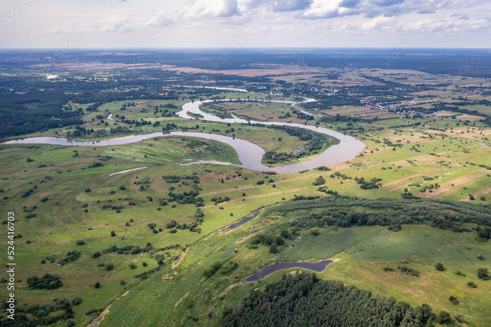 Drone aerial view of River Bug near Szumin village, Mazowsze region, Poland