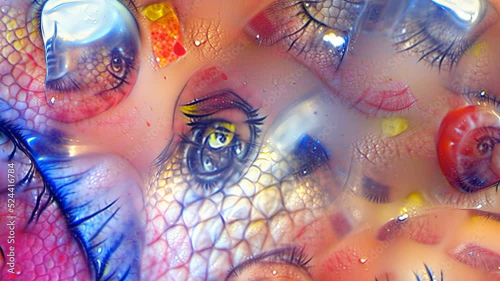 AI generated NFT crypto art of abstract eyes painting. Cartoon digital image manipulation of an artificial intelligence.Cyberart travel into the mind concept.