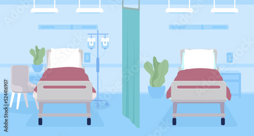 Modern cleaning emergency department flat color vector illustration. Empty beds in medical ward. Patients care. Fully editable 2D simple cartoon interior with hospital equipment on background