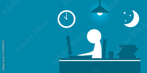 Office worker stressful deadline busy overtime (O.T.) late night on working space table laptop or computer notebook white background cartoon character with copy space flat vector design.