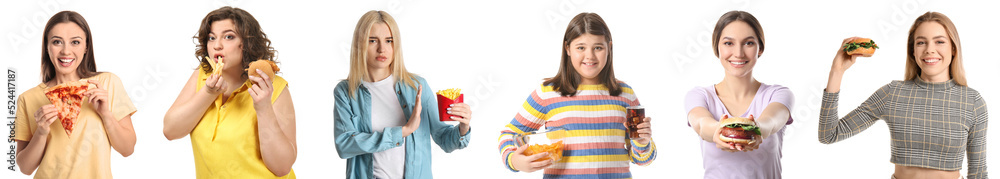 Set of people with different fast food on white background Set of people with different fast food on white background