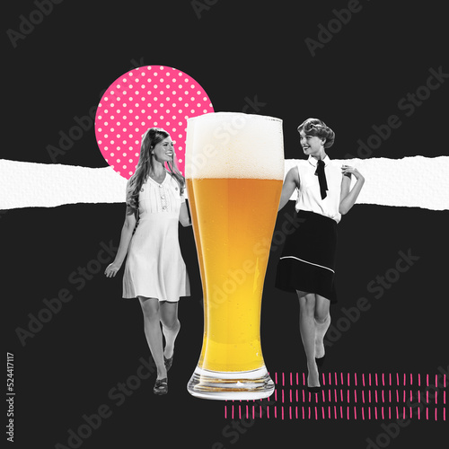 Contemporary art collage. Beautiful young women in retro style dresses walkign near big ager beer isolated on black background photo