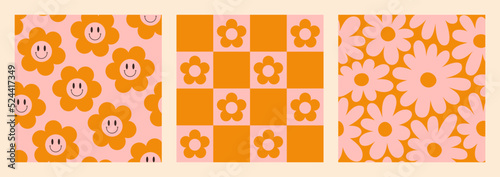 Groovy Seamless Patterns Set with Checkerboard and Daisy Flowers . Psychedelic Vector Background in 70s Hippie Style
