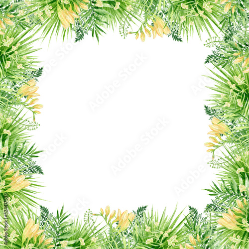 Watercolor tropical leaves square border frame  floral greenery trendy Hand painted isolated illustration  tropic summertime jungle motif square banner  birthday greeting  Invitation template