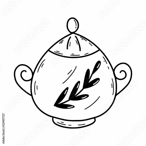 Sugar bowl. Tea party. Vector doodle illustration. Hand drawn sketch.