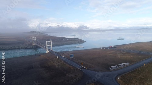 Austurland, Iceland - July 19, 2019: Aerial view of bridge in Diamond Beach, Iceland