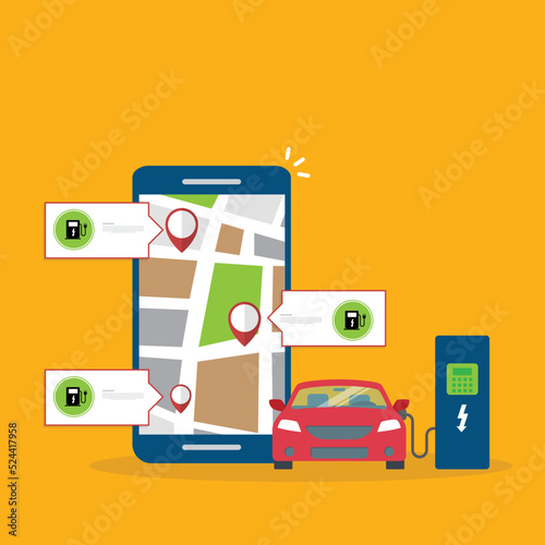 Owner of the electric car using smart phone to locate charging station in the city