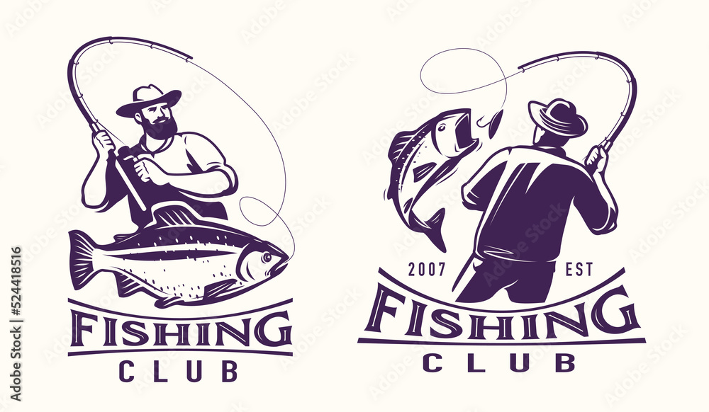 Fishing logo badge set. Fisherman catches fish on spinning rod logo. Sport  fishing club emblem vector illustration Stock Vector